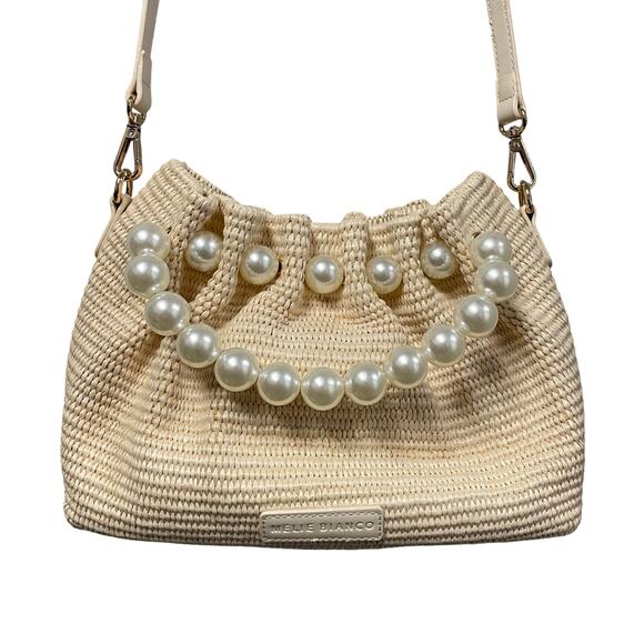 Melie Bianco Josie Natural Small Straw Pearl Embellished Top Handle Bag - Picture 1 of 8